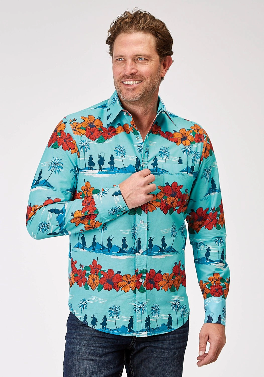 Ombre look Roper Mens 1900 Hawaiian Blue 100% Cotton 1 Pkt L/S Shirt