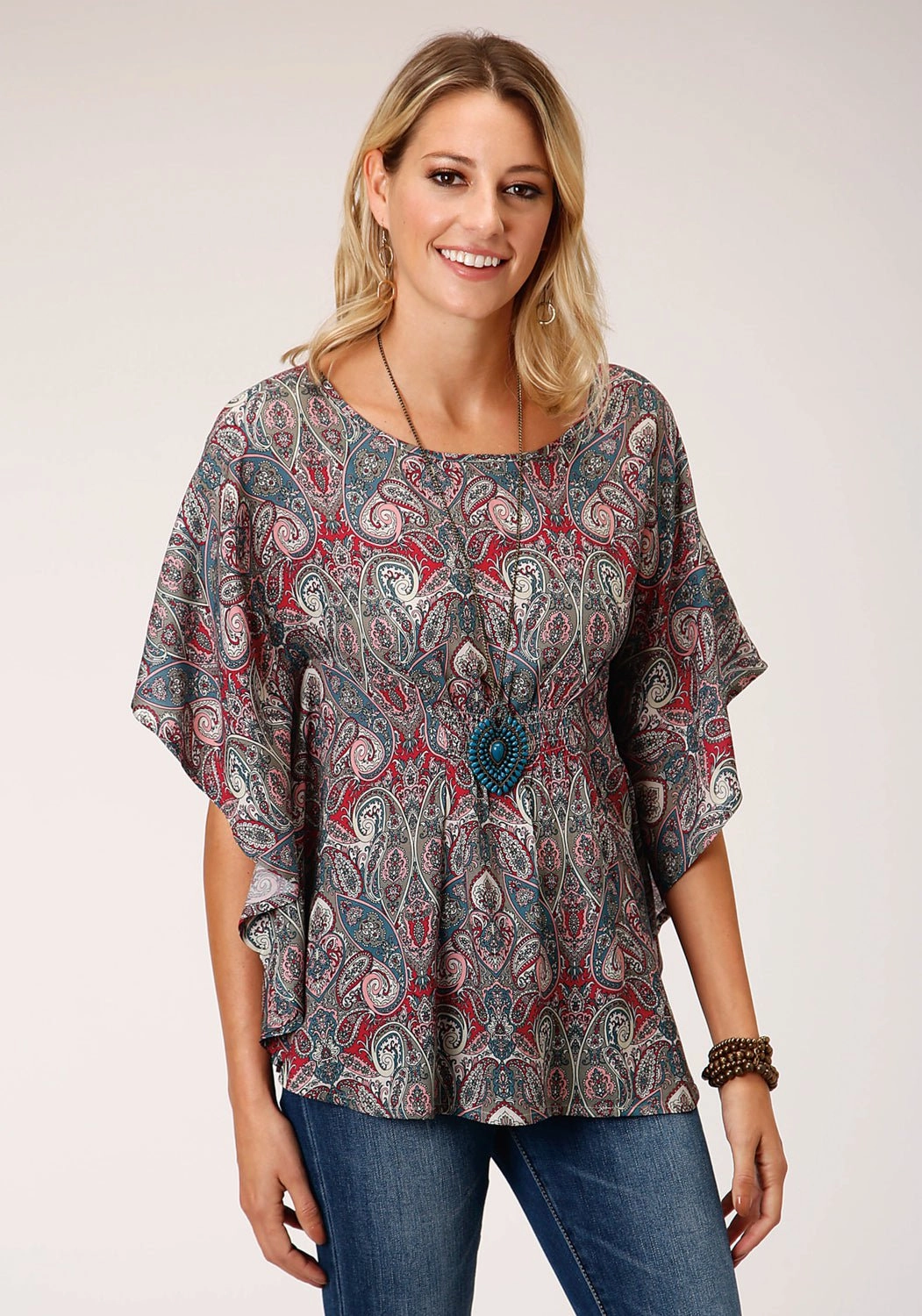 Roper Womens Sage Rayon/Nylon Paisley Print S/S Blouse Pocket Detail