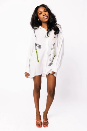 White Fishing Pole with Hooked Fish Gauze Tunic Printed-Fabric