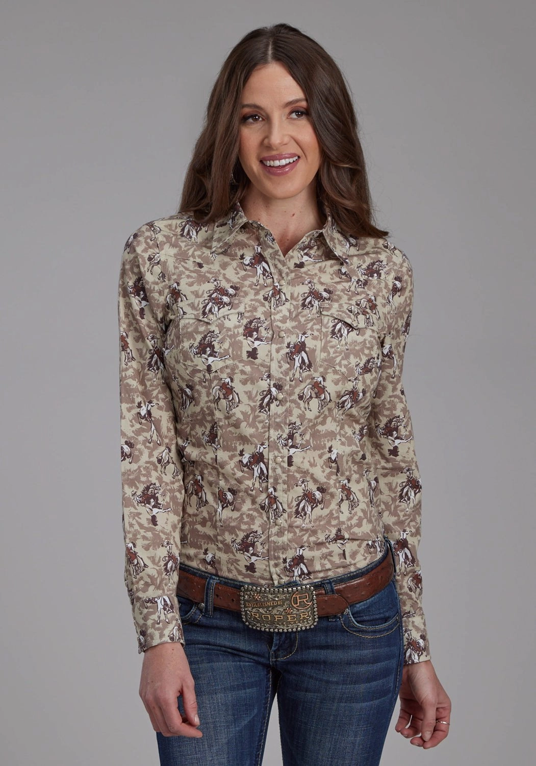 Modern Style Roper Womens Brushstroke Cowboys Brown 100% Cotton L/S Shirt