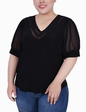 Fashionable Design Underwire-Support Plus Size Short Puff Sleeve V Neck Top
