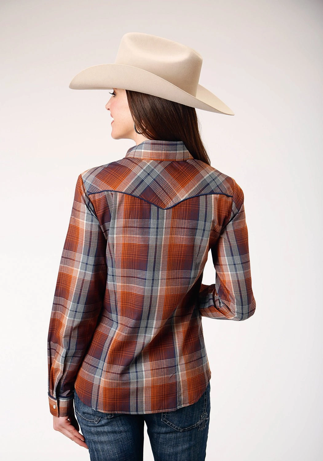Roper Womens Cream Plaid Brown Cotton Blend L/S Shirt Tailored Cut Cozy Feel