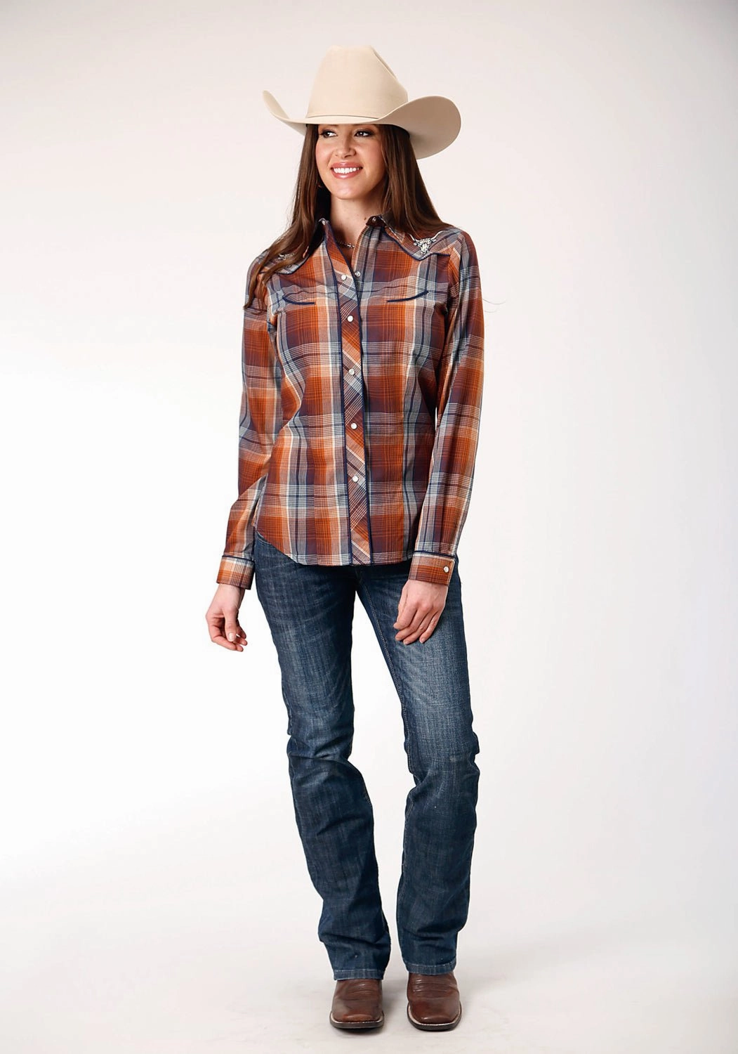 Tailored Silhouette Roper Womens Cream Plaid Brown Cotton Blend L/S Shirt