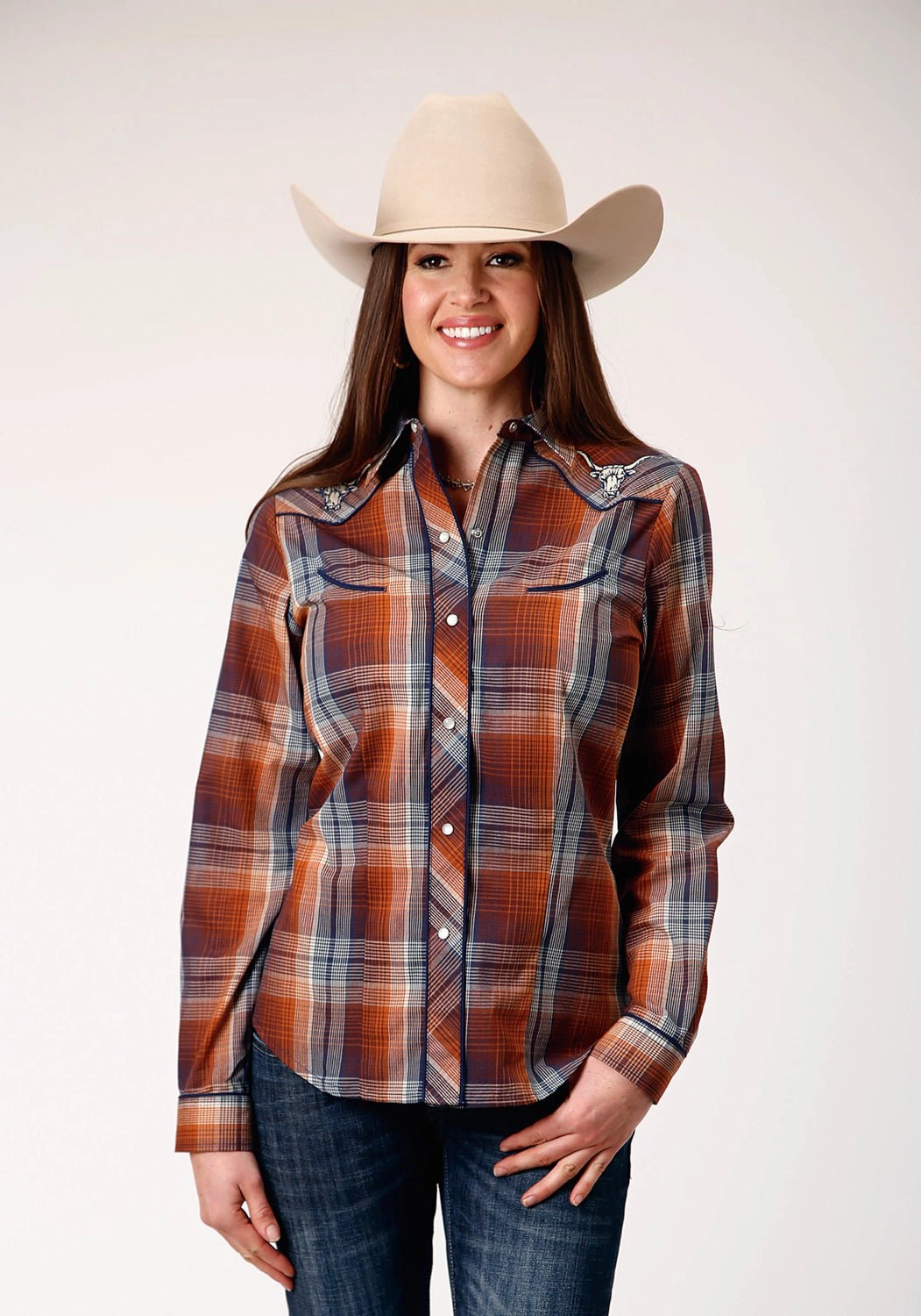 Ombre look Roper Womens Cream Plaid Brown Cotton Blend L/S Shirt