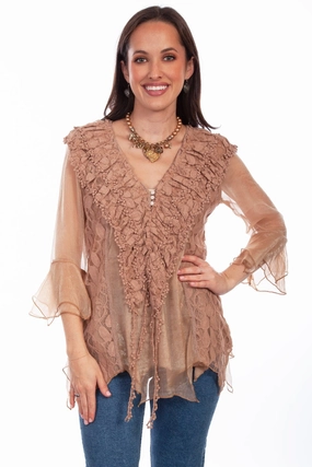 Scully Womens Natural Cotton Blend Double Ruffle S/S Blouse Casual Comfort Contemporary Look