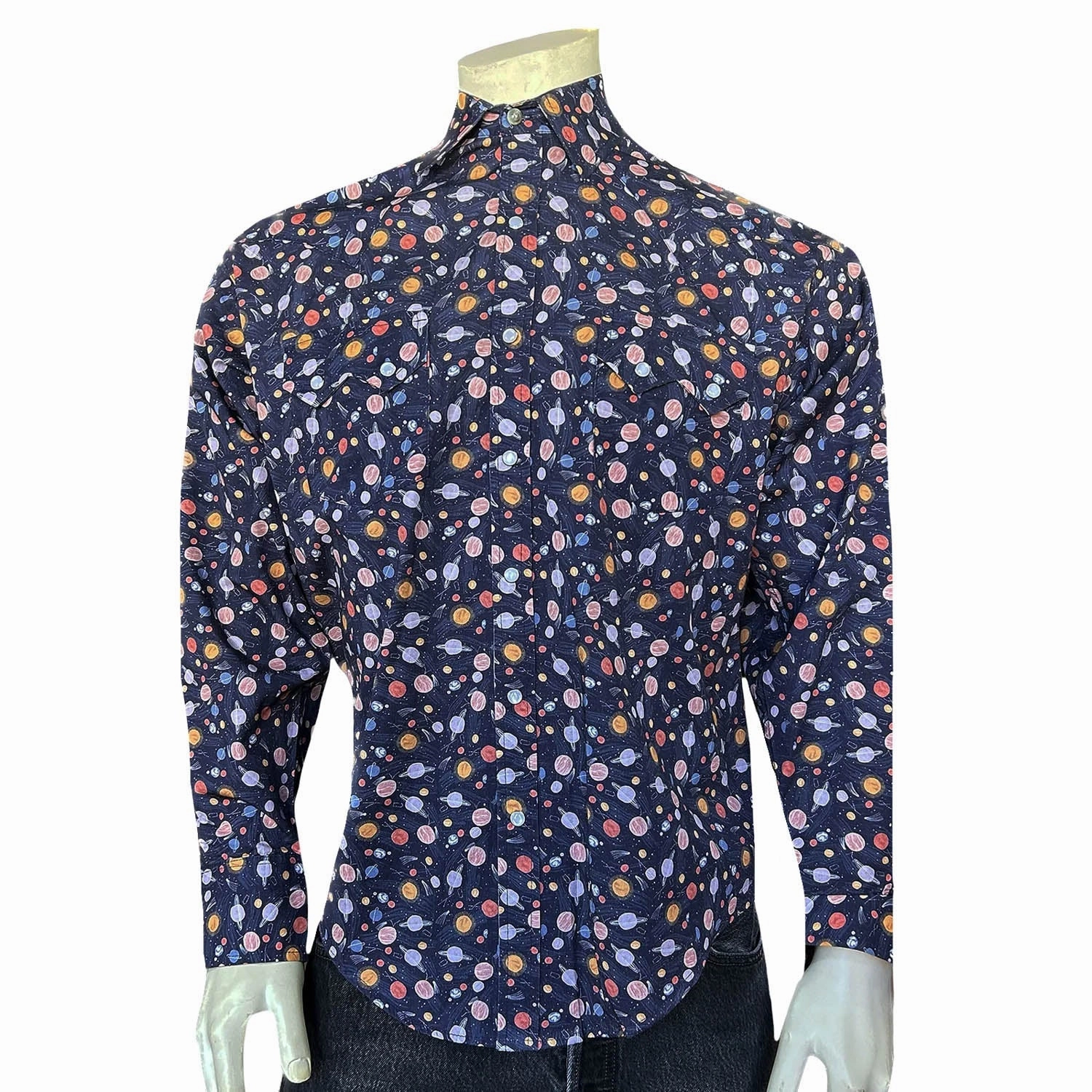 Rockmount Mens Solar System Print Navy 100% Cotton L/S Shirt Roll-Up Sleeve Wrinkle-Free
