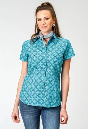 Loose style Tall Option Roper Womens Lake Medallion Blue 100% Cotton S/S Shirt
