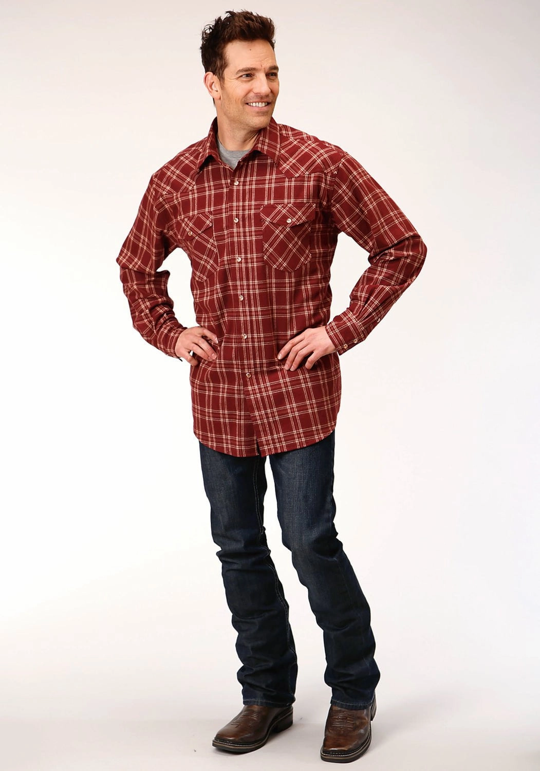 Day-To-Night Wear On-The-Go Style Roper Mens Wine 100% Cotton Unlined Flannel Plaid L/S Tall Shirt