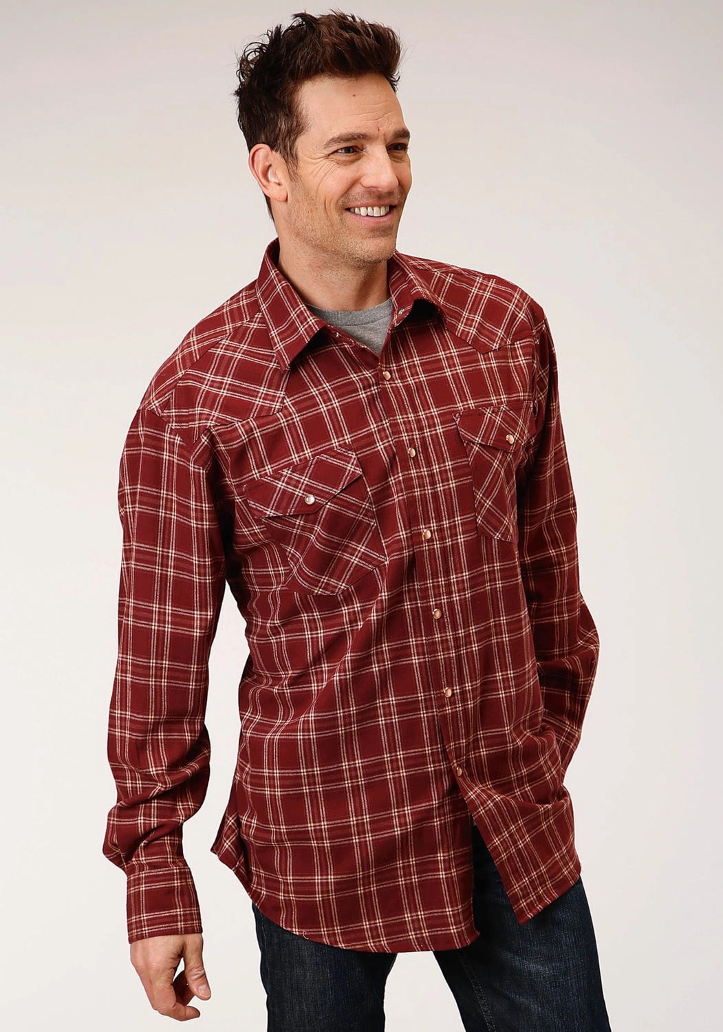 Gradient effect Friends Meetup Roper Mens Wine 100% Cotton Unlined Flannel Plaid L/S Tall Shirt