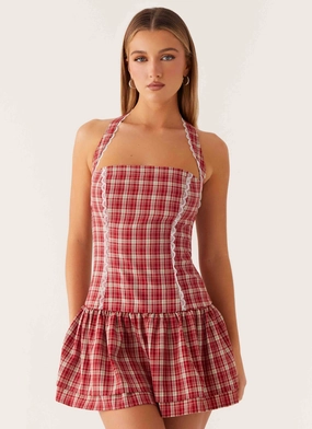Lotus Dream Mini Dress - Ruby Check Halter neck