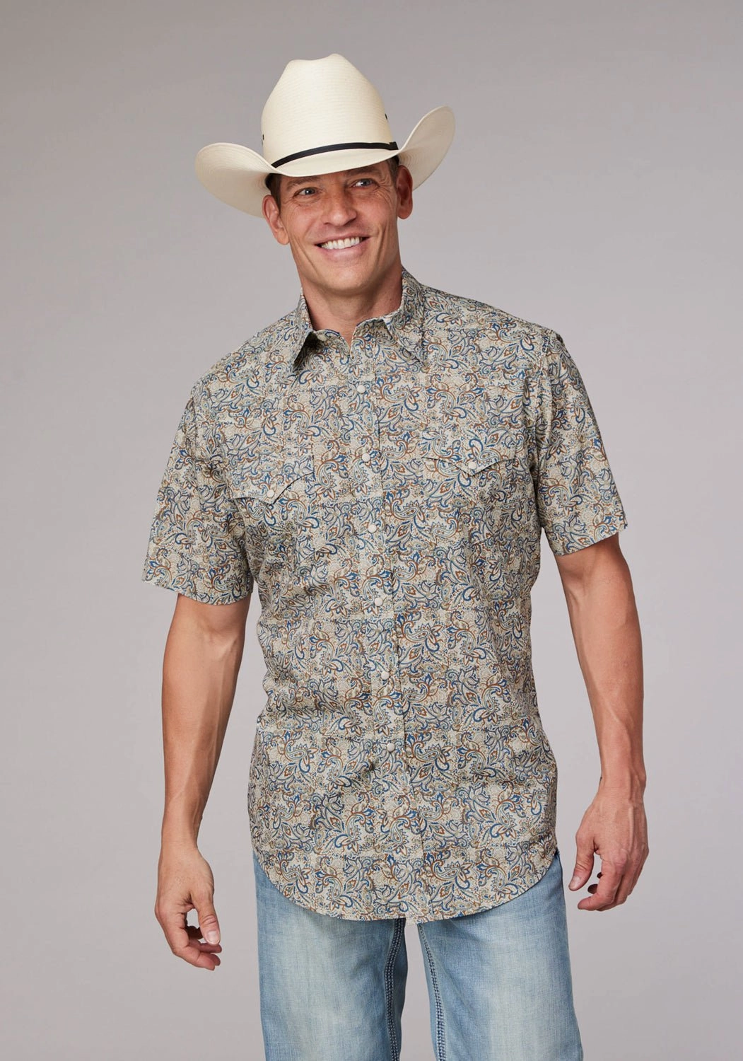 Layered Look Roper Mens Sketchy Paisley Brown 100% Cotton S/S Shirt