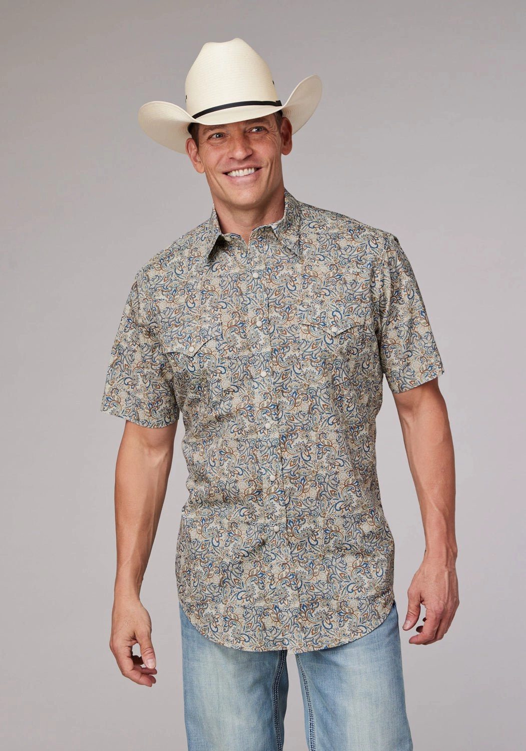 Button-up Water Repellent Finish Roper Mens Sketchy Paisley Brown 100% Cotton S/S Shirt