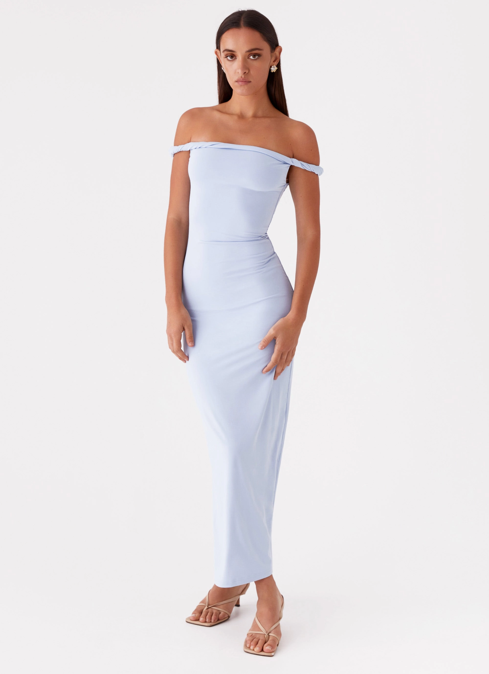 Arabella Twist Shoulder Maxi Dress - Blue Polished Cut Classic Flow