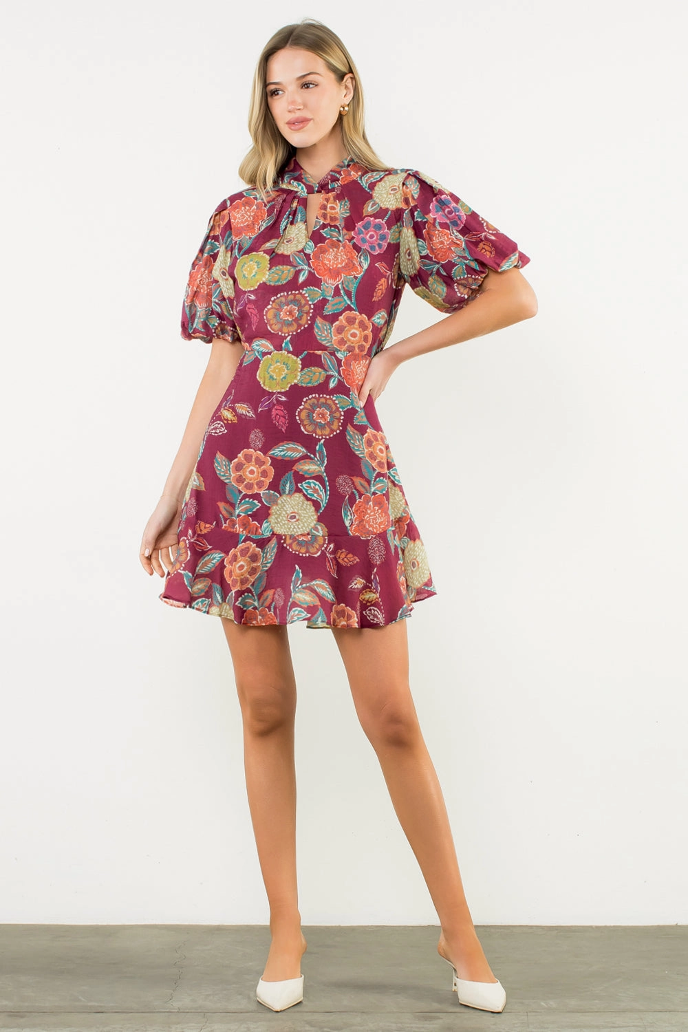 Puff Sleeve Floral Dress in Burgundy Sculpted Detail Flattering Style Fit
