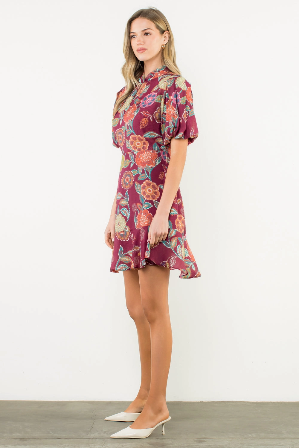 Ready Glow Puff Sleeve Floral Dress in Burgundy