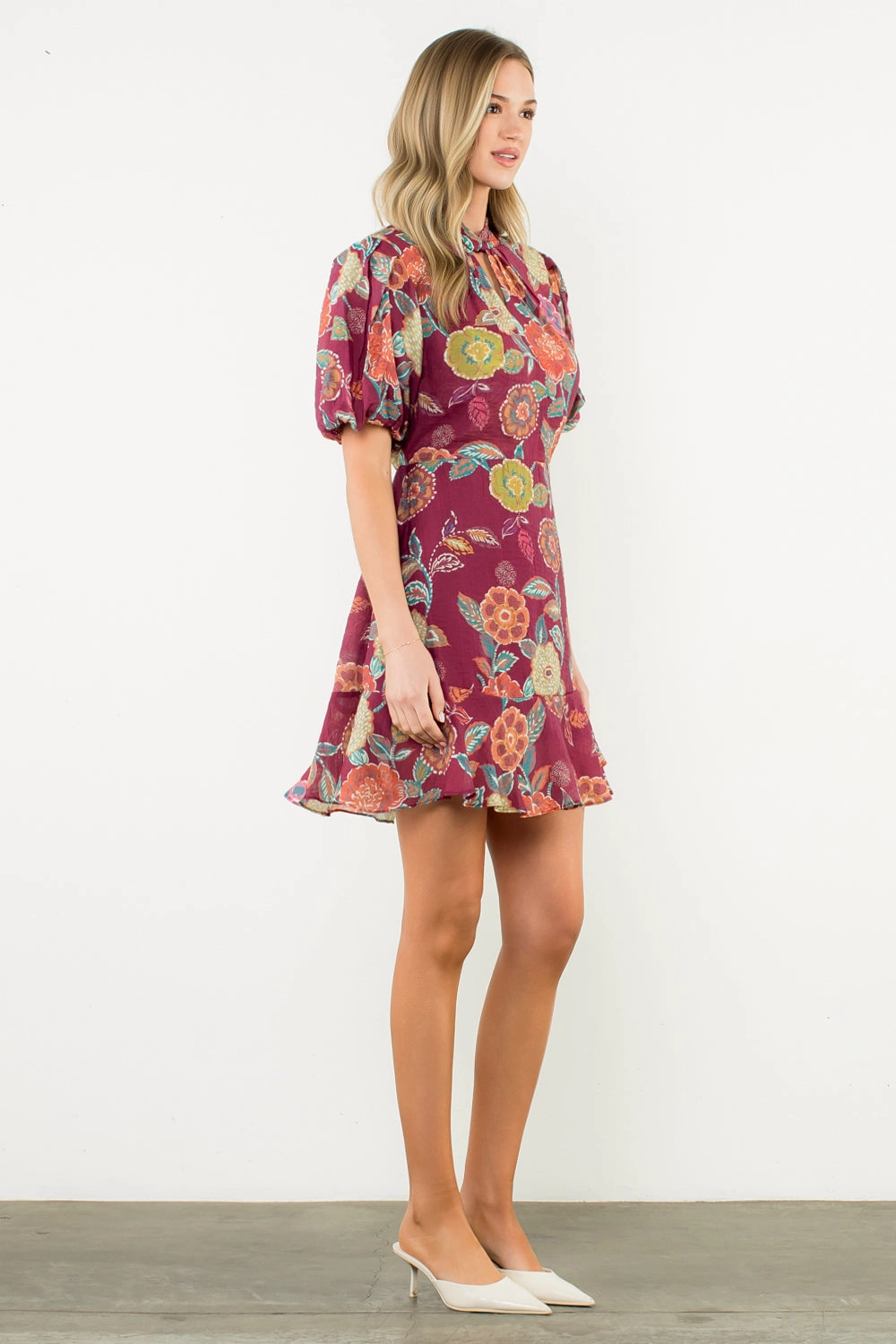 Puff Sleeve Floral Dress in Burgundy Effortless Layer Wear Chic Tailoring