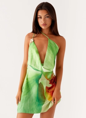 Side Slit Aiva Mini Dress - Green Floral