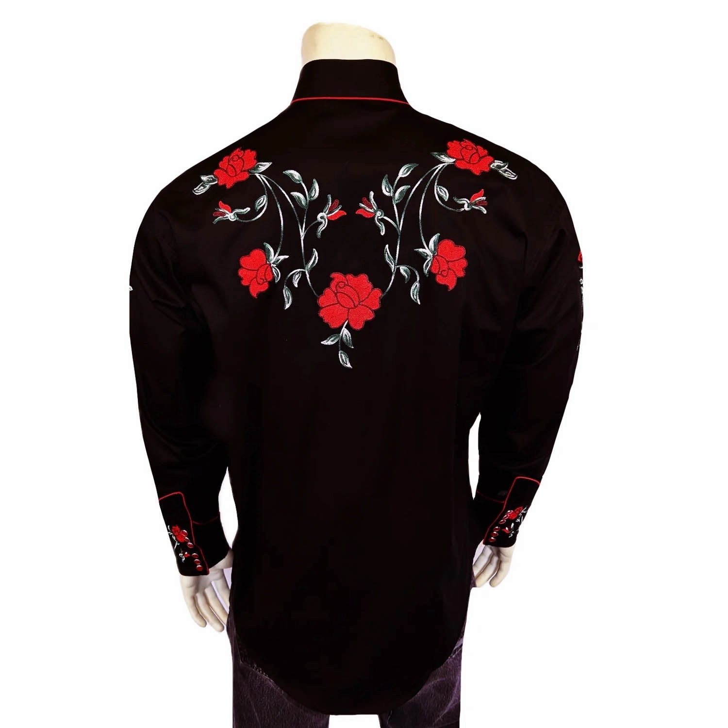 Rockmount Mens Crochet Rose Floral Black 100% Cotton L/S Shirt Multi Pocket Utility