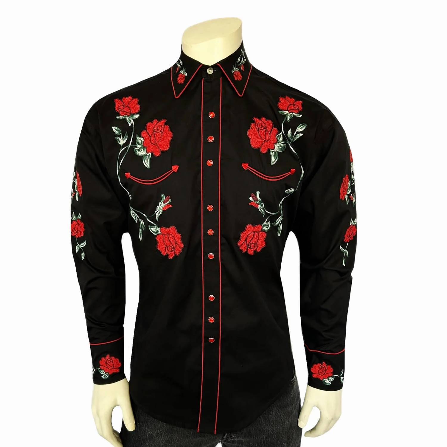 Networking Session Rockmount Mens Crochet Rose Floral Black 100% Cotton L/S Shirt