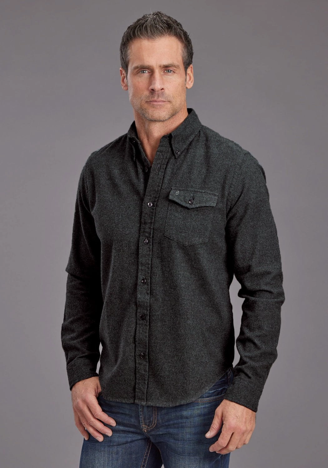 Sophisticated Elegance Dressy look Stetson Mens Brushed Heather Flannel Grey 100% Cotton 1 Pkt L/S Shirt