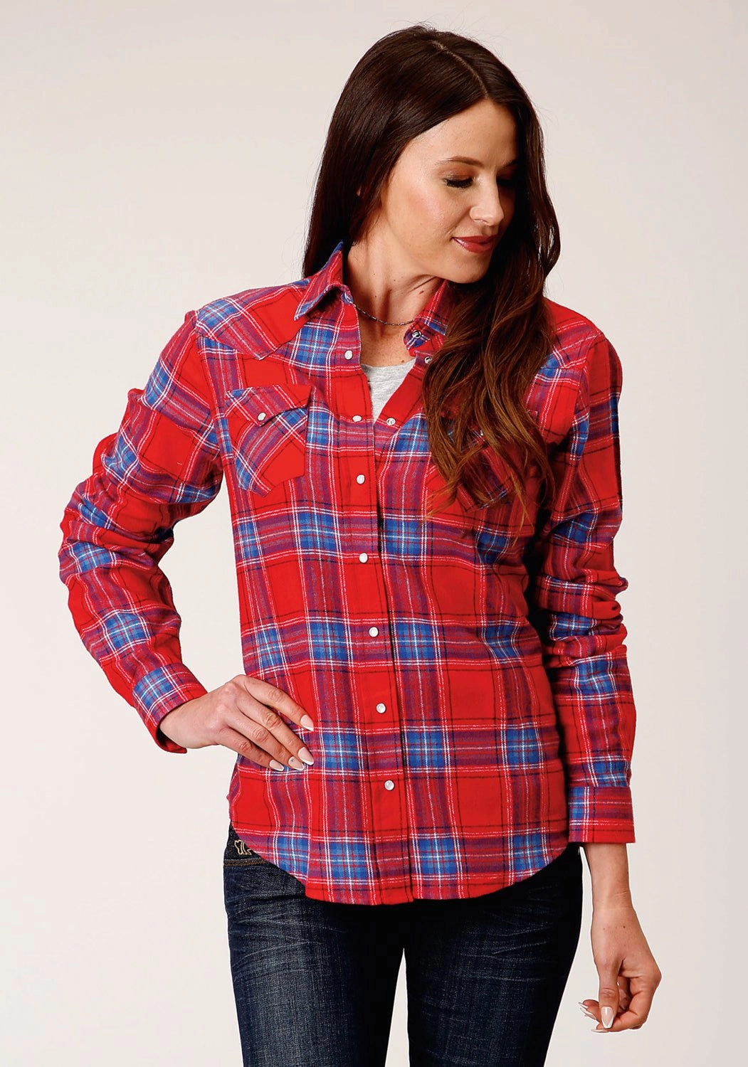 Roper Womens Unlined Flannel Red 100% Cotton L/S Shirt Seasonal Wardrobe Trendy Apparel