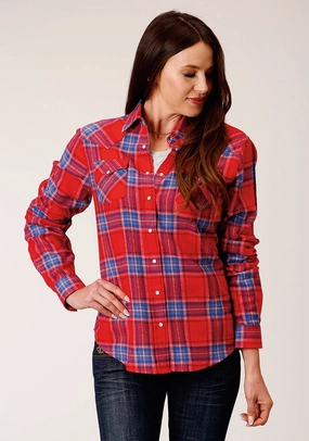 Roper Womens Unlined Flannel Red 100% Cotton L/S Shirt Seasonal Wardrobe Trendy Apparel