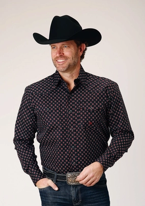 Roper Mens Cottage Foulard Black 100% Cotton L/S Shirt Geometric Design