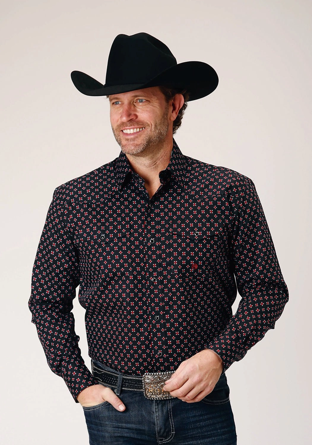 Roper Mens Cottage Foulard Black 100% Cotton L/S Shirt Geometric Design