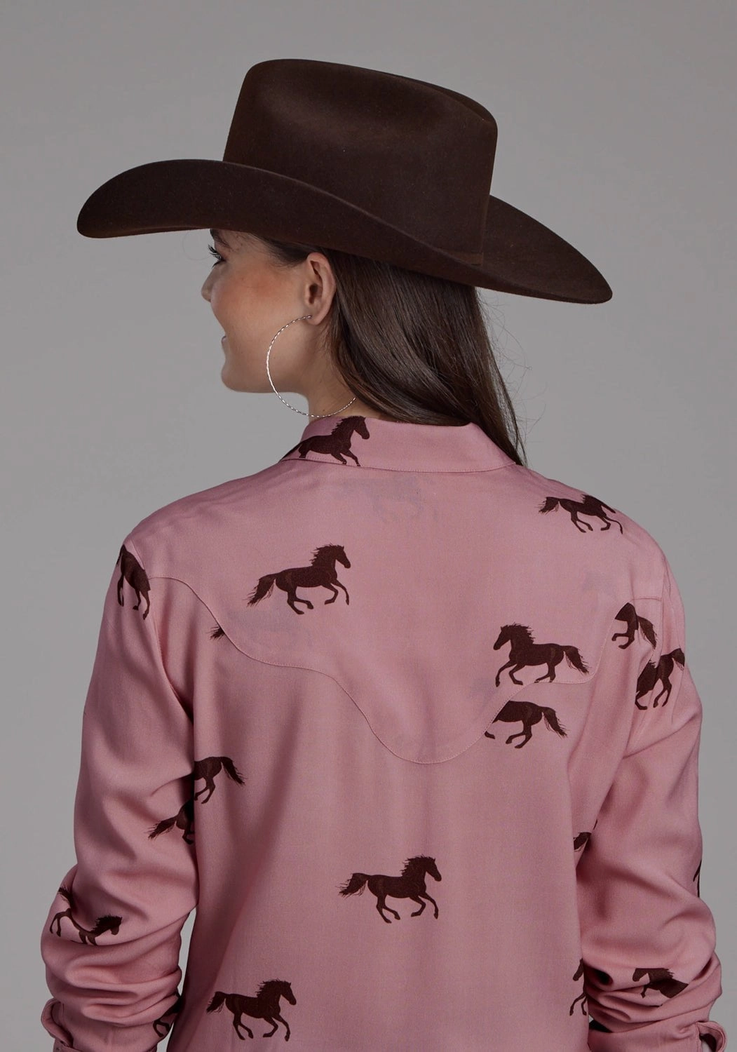 Unique Design Roper Womens Wild Horses Tie Pink 100% Rayon L/S Blouse