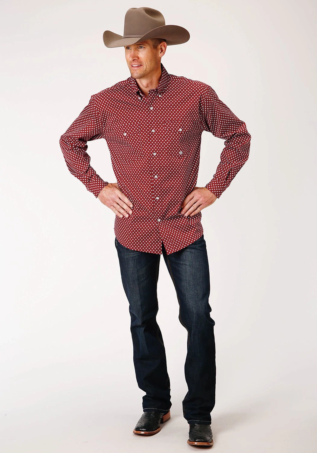 Linen blend Mature appeal Roper Mens Wine Cotton Blend Diamond Poplin BD L/S Btn Shirt