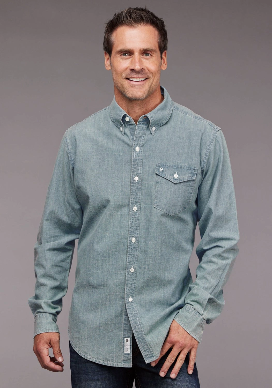 Button-up Mature Elegance Stetson Mens Chambray Button Front Light Blue 100% Cotton 1 Pkt L/S Shirt
