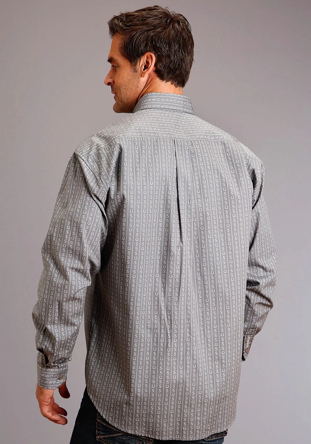 Plus Size Fit Designer Touch Stetson Mens Grey 100% Cotton Horseshoe Stripe BD L/S Shirt