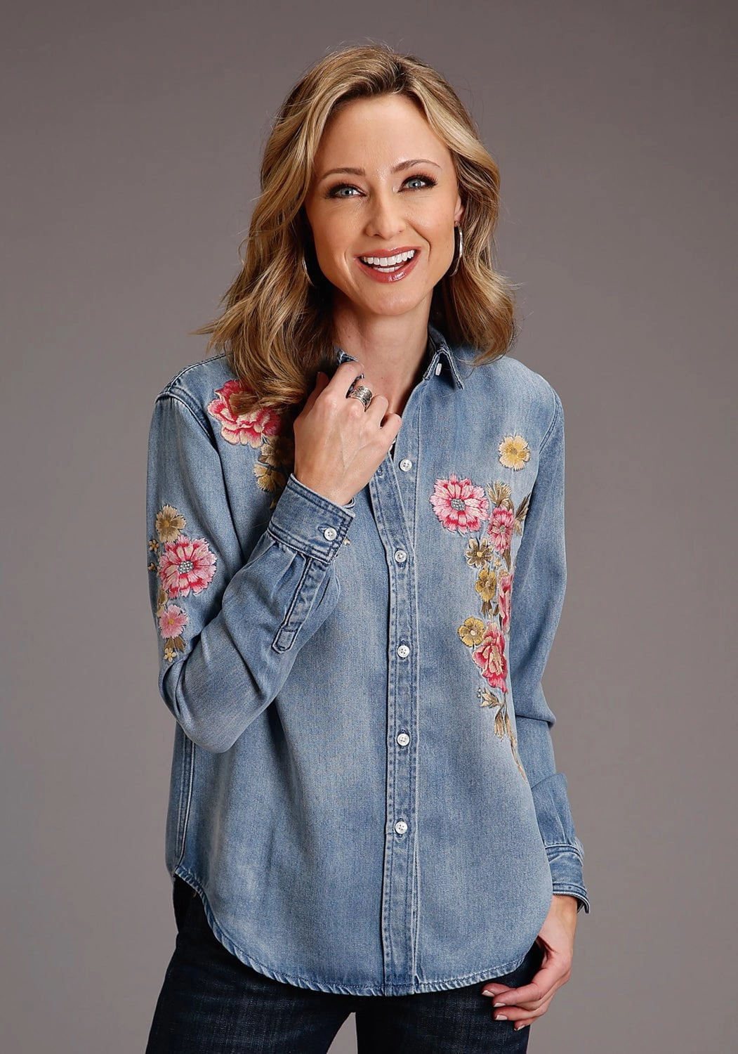 High Neck Stetson Womens Floral Front Blue Lyocell L/S Shirt
