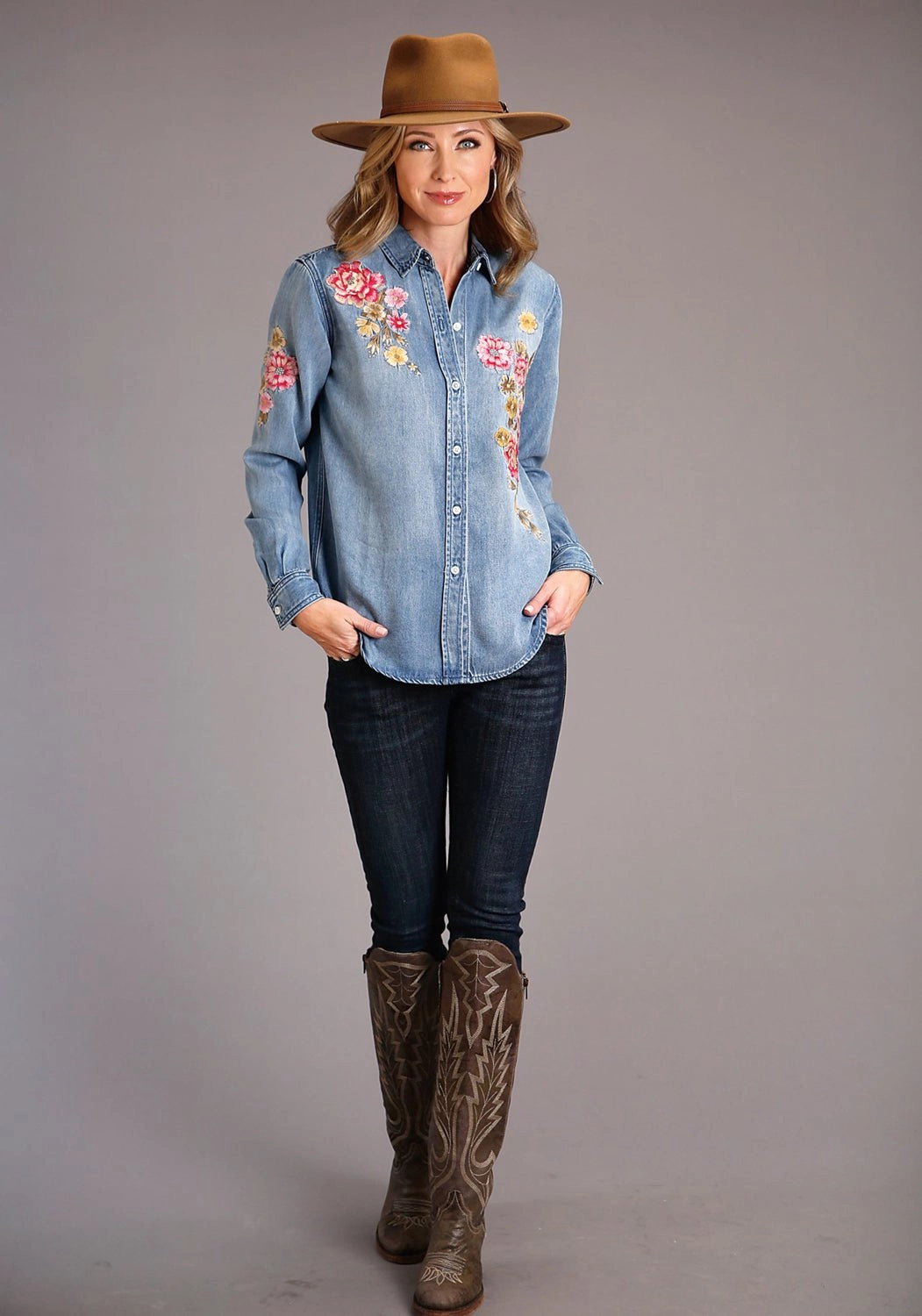 Stetson Womens Floral Front Blue Lyocell L/S Shirt Special Occasion Hooded Option