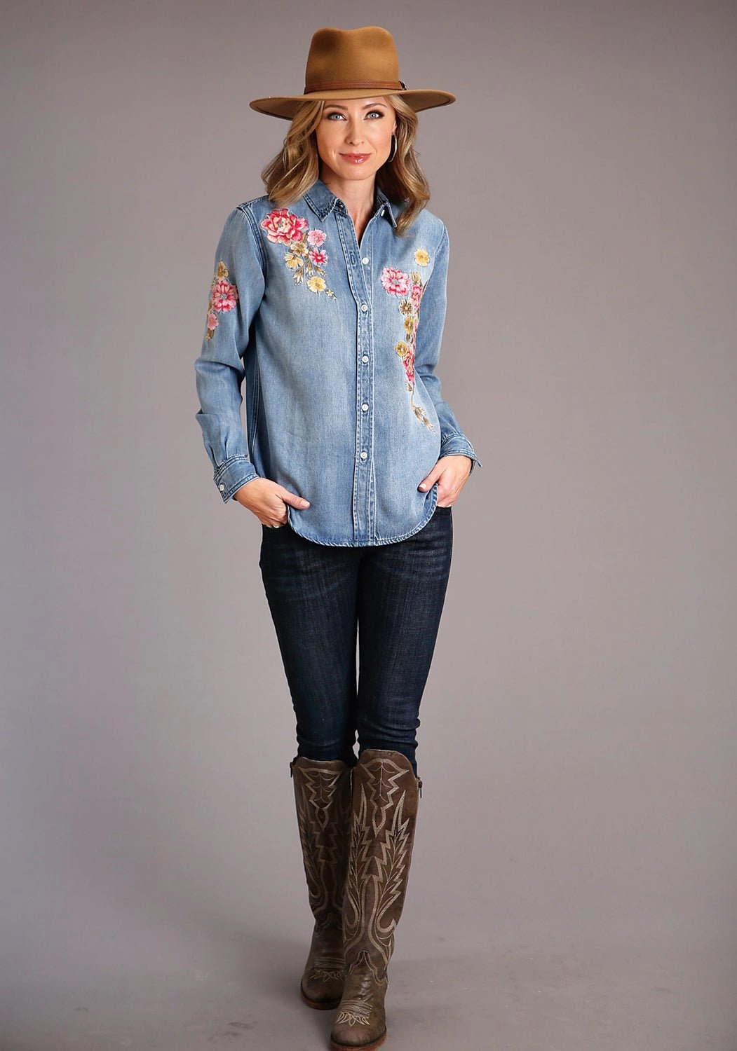 Adjustable Cuffs Abrasion Resistant Edging Stetson Womens Floral Front Blue Lyocell L/S Shirt