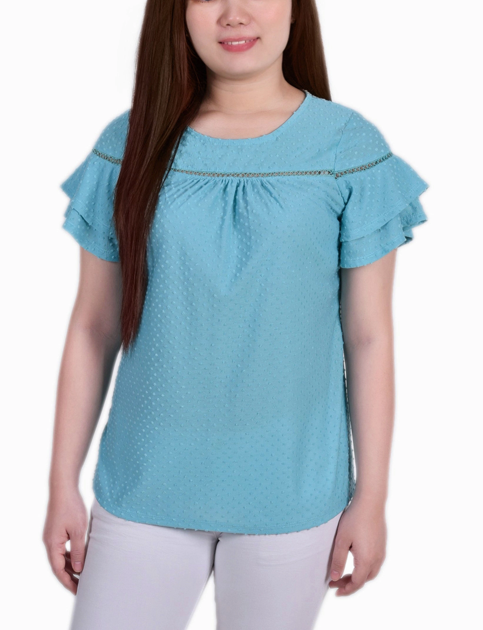 Short Double Flutter Sleeve Swiss Dot Top Casual Layer