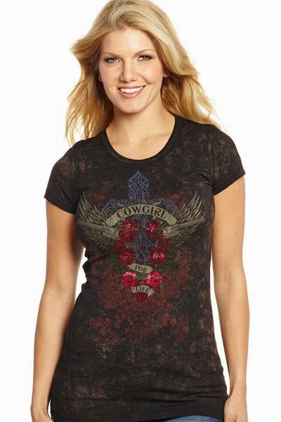 Cowgirl Up Womens Vintage Black 100% Cotton For Life V-Neck T-shirt S/S slim fit