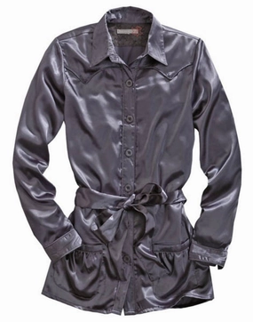 Smooth Cotton Blend Tin Haul Womens Self Belted Western Grey 100% Polyester L/S Shirt