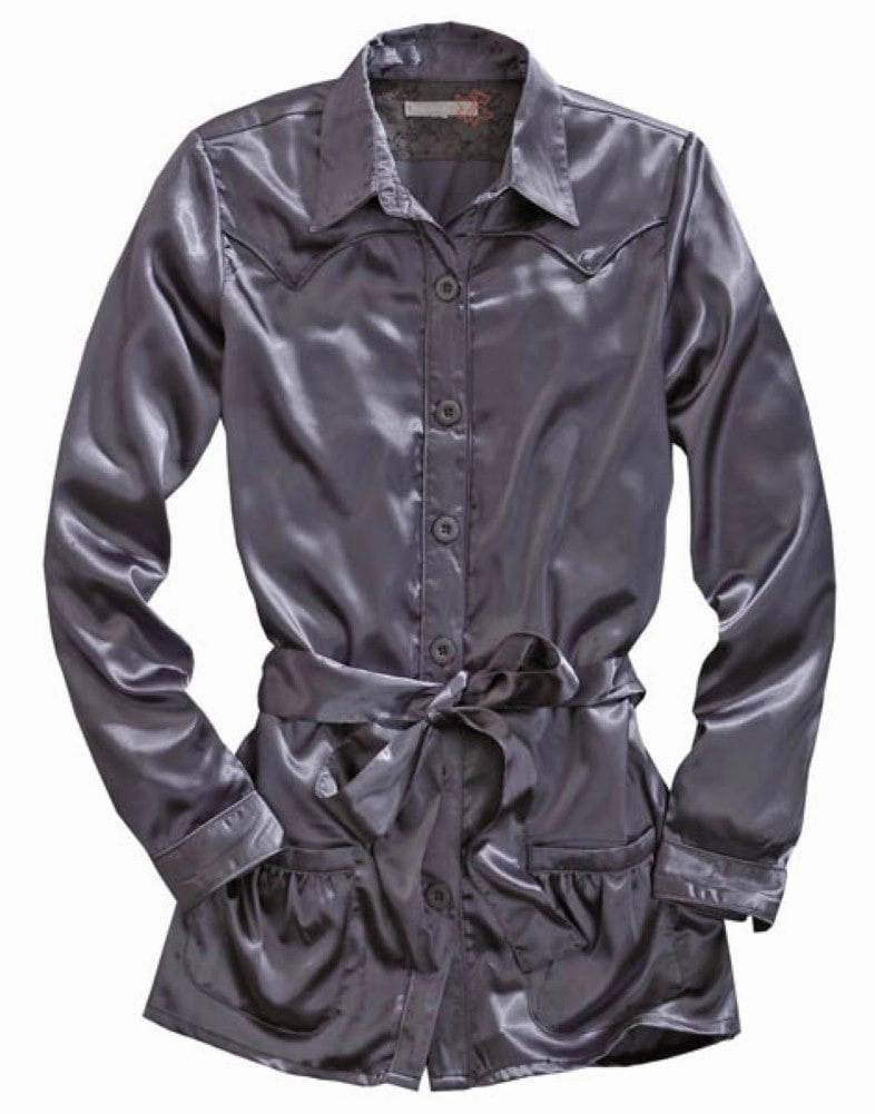 Smooth Cotton Blend Tin Haul Womens Self Belted Western Grey 100% Polyester L/S Shirt