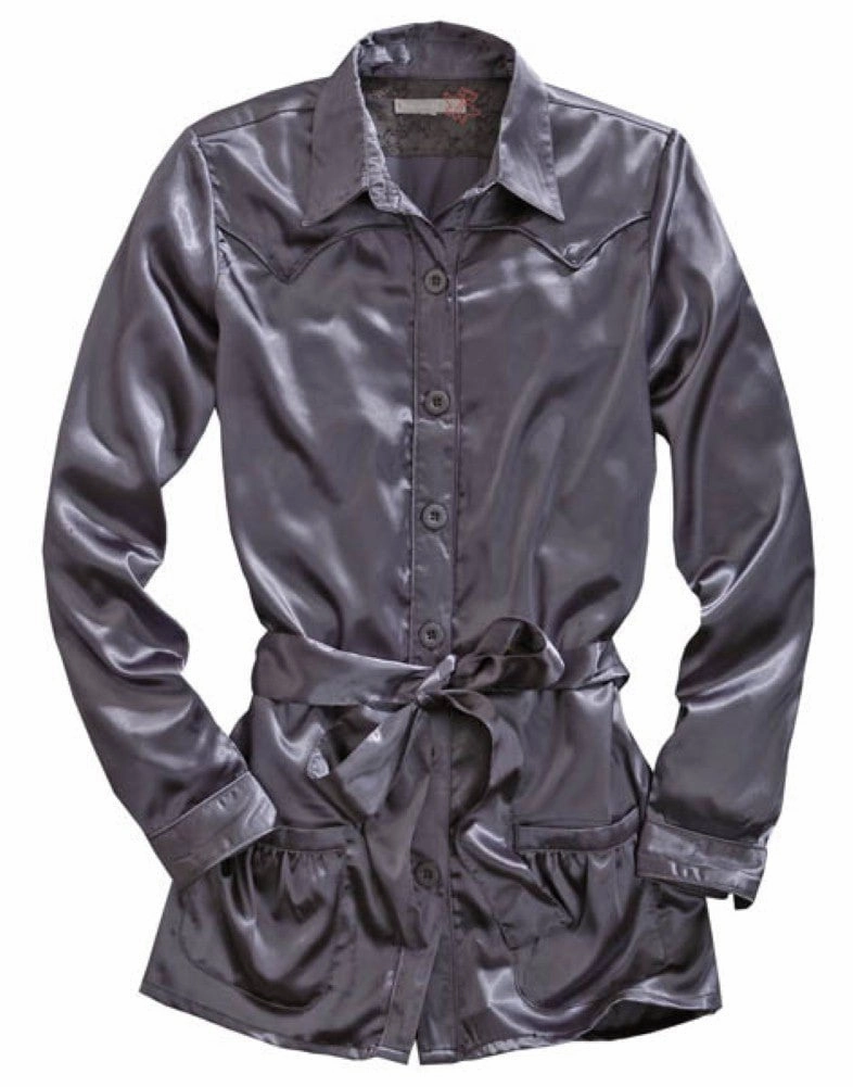 Neutral Tones Tin Haul Womens Self Belted Western Grey 100% Polyester L/S Shirt