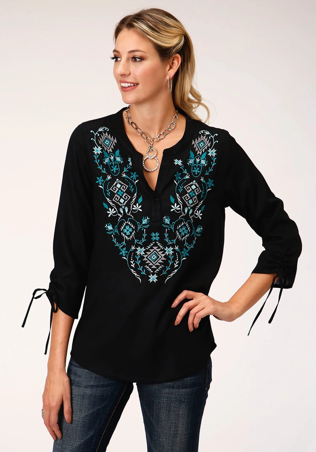 Polished Style Sophisticated Elegance Roper Womens Black Rayon/Nylon Colorful Aztec S/S Blouse