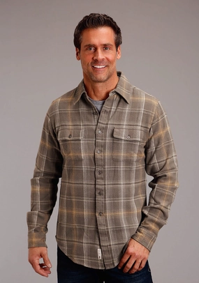 Stetson Mens Flannel Plaid Brown 100% Cotton L/S Shirt Year-Round Wear