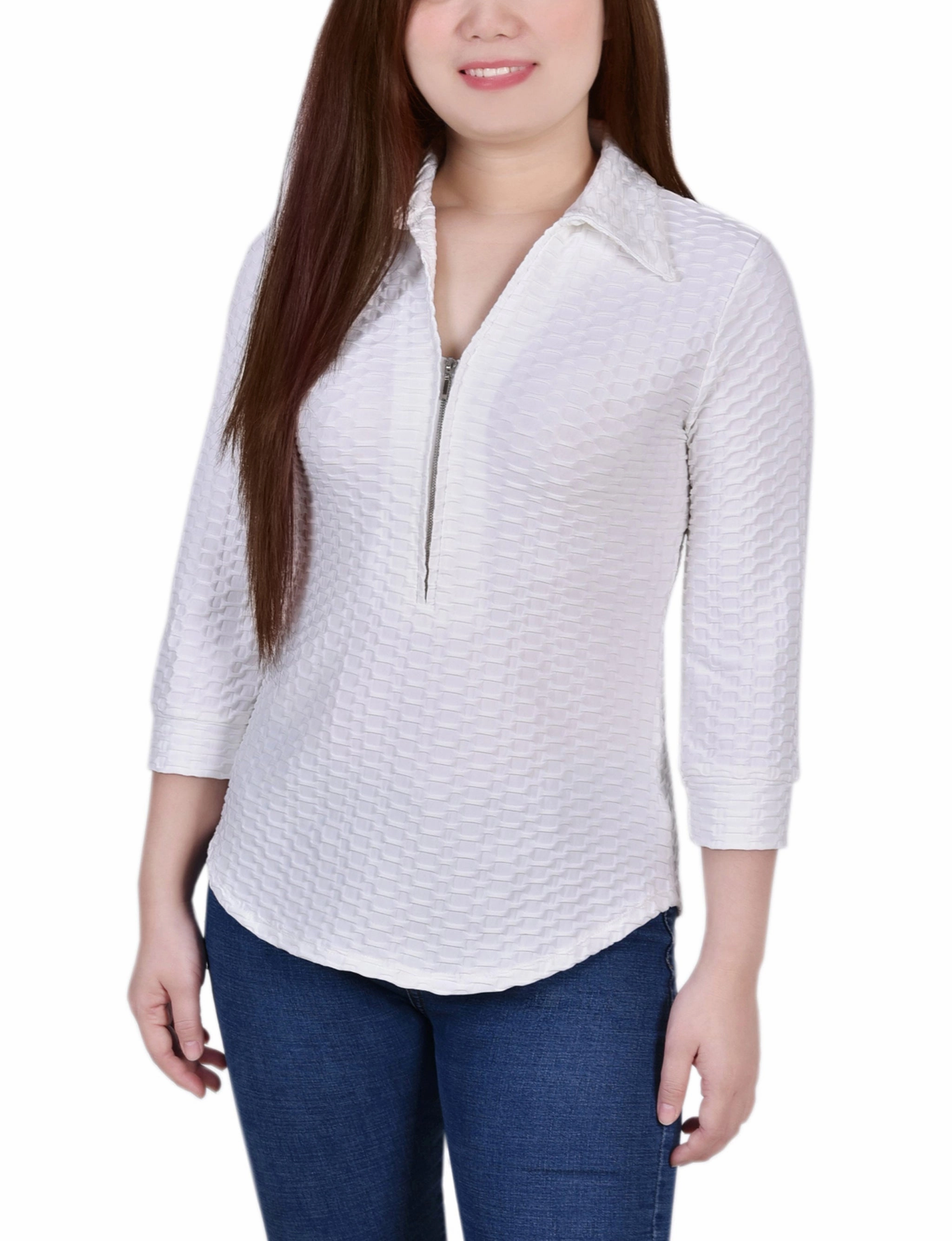3/4 Sleeve Honeycomb Half Zip Collared Top Modern Comfort Fresh Outfit