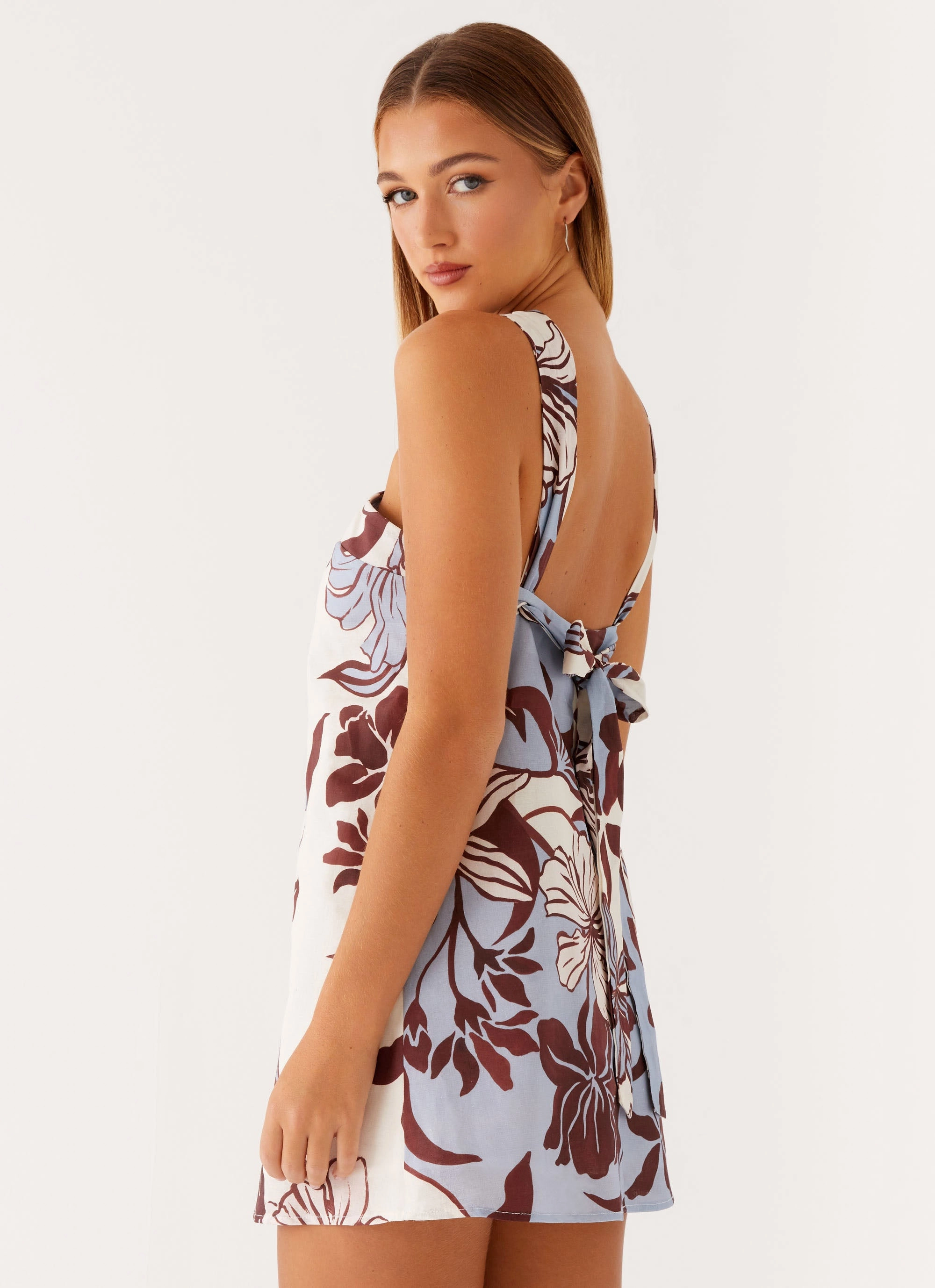 Keira Linen Mini Dress - Bluewood Blossom Sleek Feel Layer Light