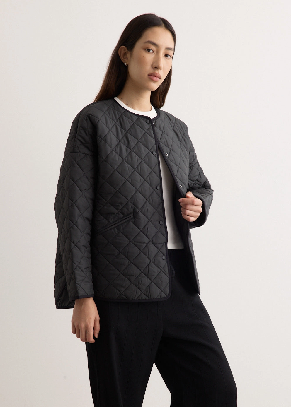 Quilted Jacket Full Length Zipper RibbedTrims