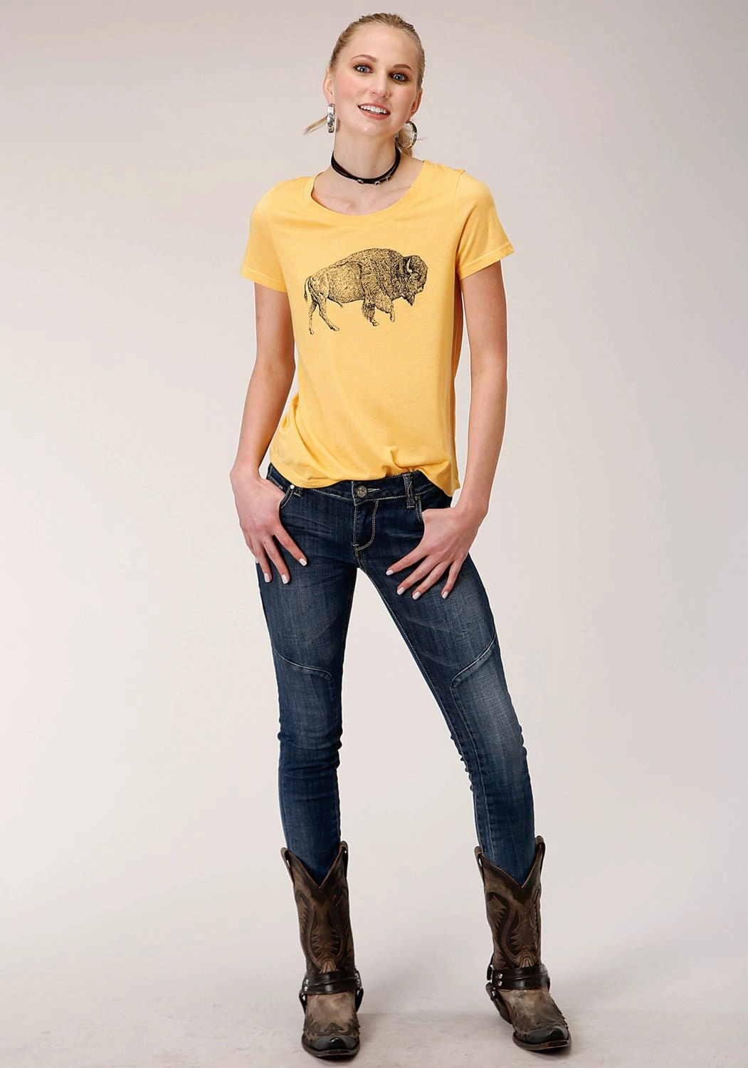 Tall Option Travel Essential Roper Womens Yellow Poly/Rayon Buffalo S/S T-Shirt