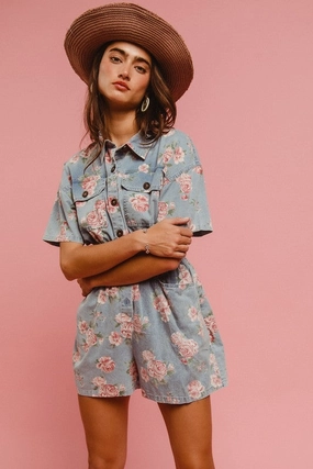 Active Flex Fit QUINN FLORAL PRINT WASHED LIGHTWEIGHT ROMPER S-XL