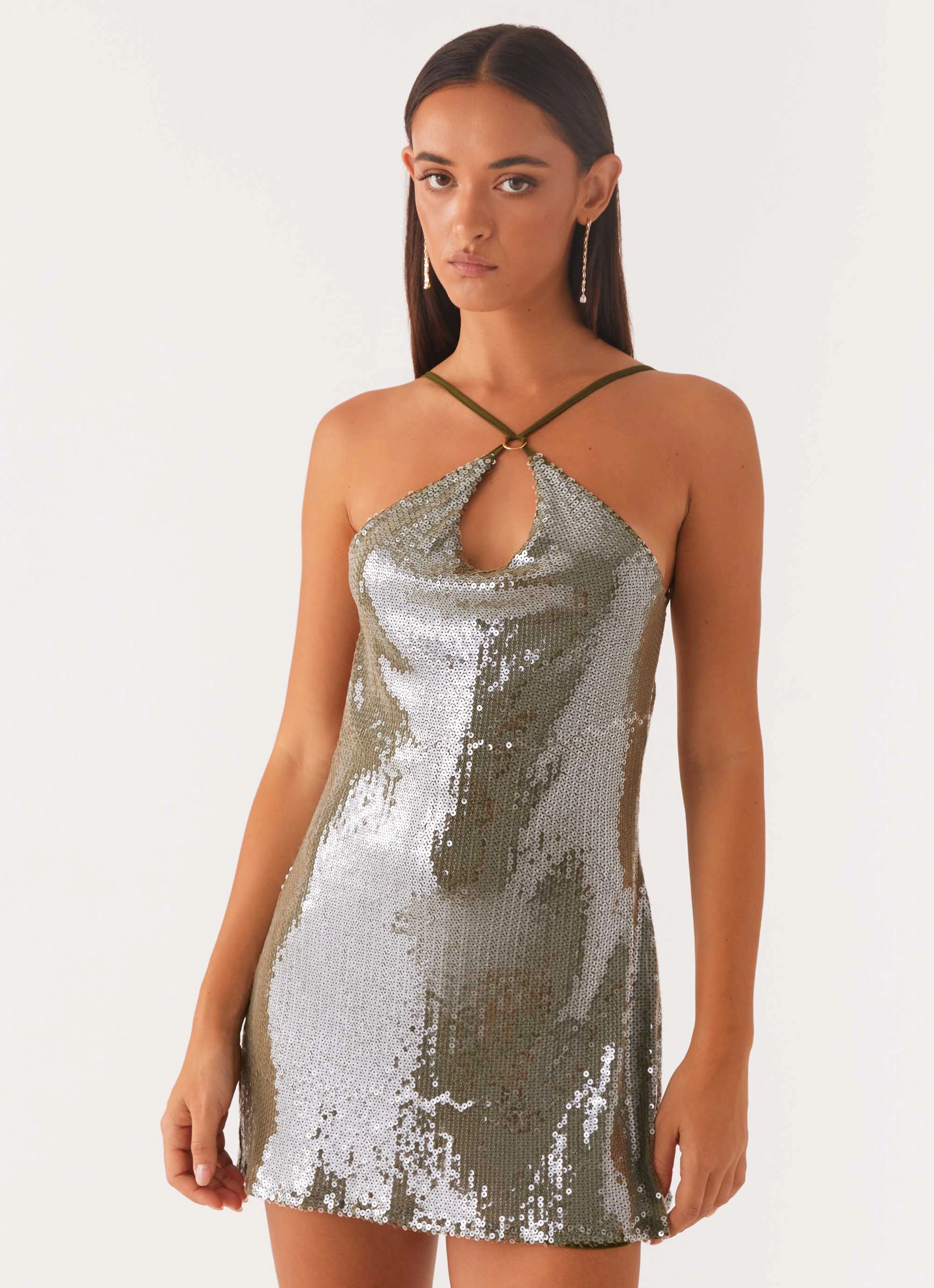 Radiant Energy Cowl Back Mini Dress - Olive Hidden Zipper Modest Cut