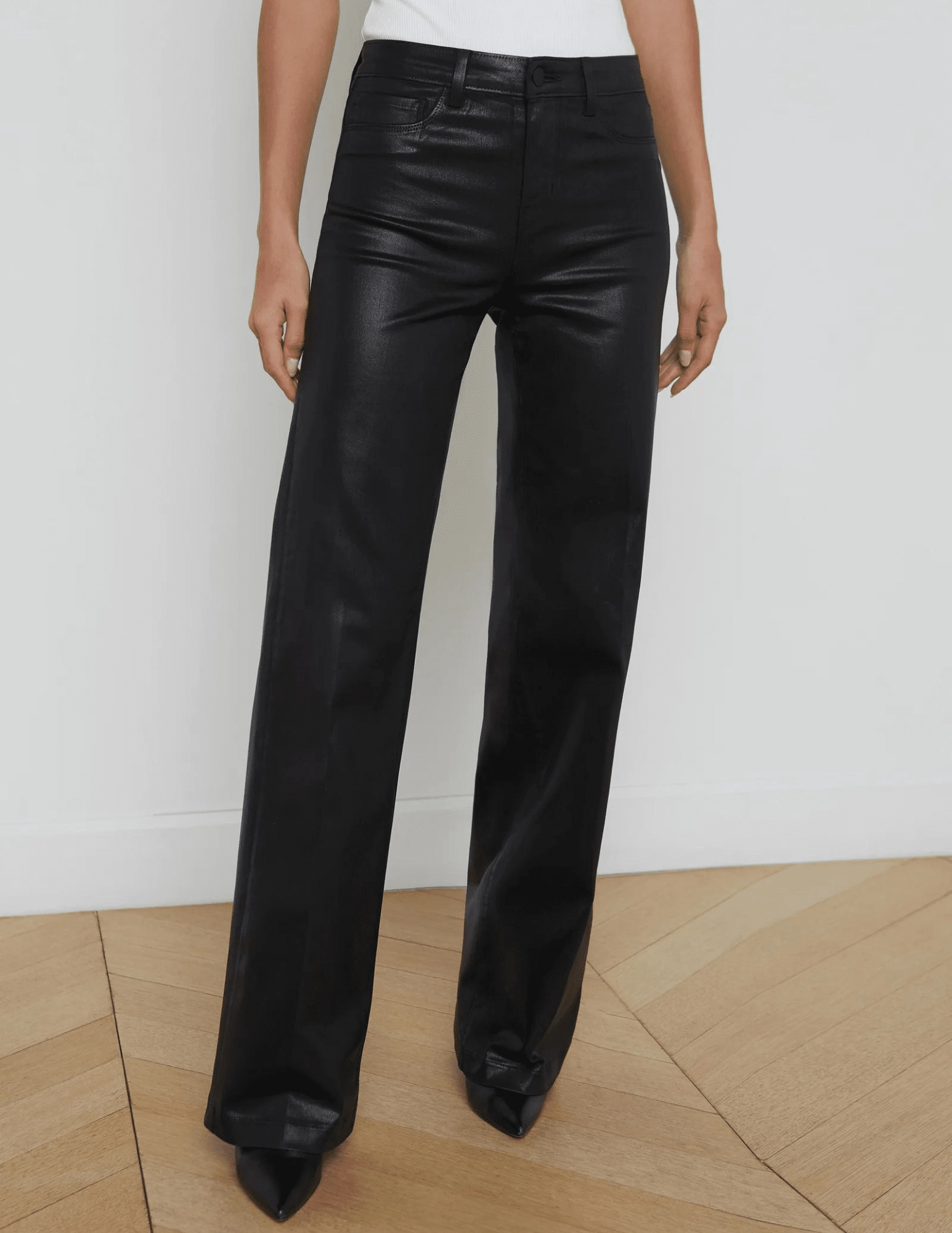 Sustainable Denim Production LAGENCE Clayton High Rise Wide Leg Coated Jeans in Black Coated