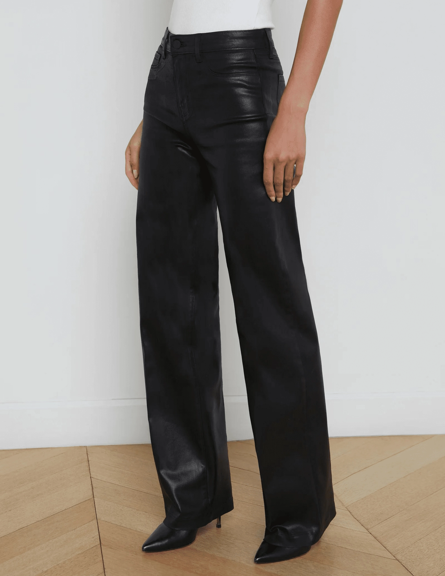 LAGENCE Clayton High Rise Wide Leg Coated Jeans in Black Coated Relaxed Basics